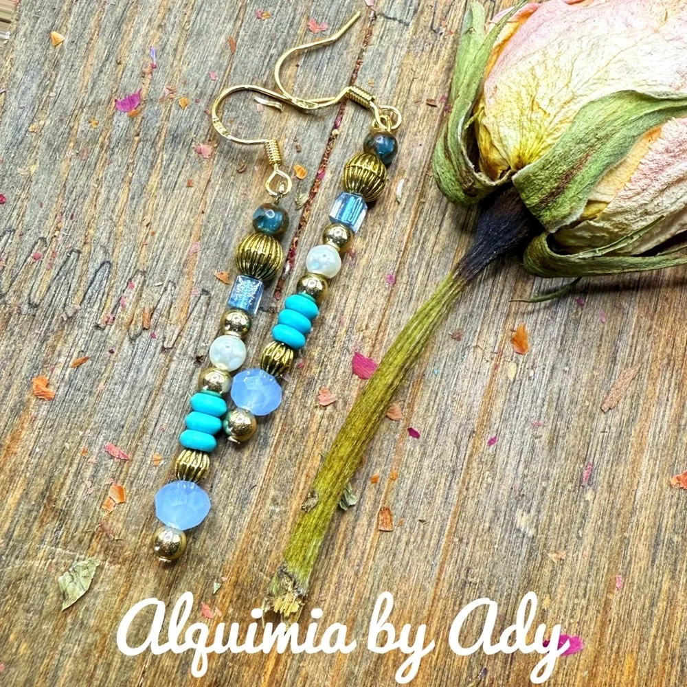 Lapis bronze beaded long Turquoise Drop Earrings
